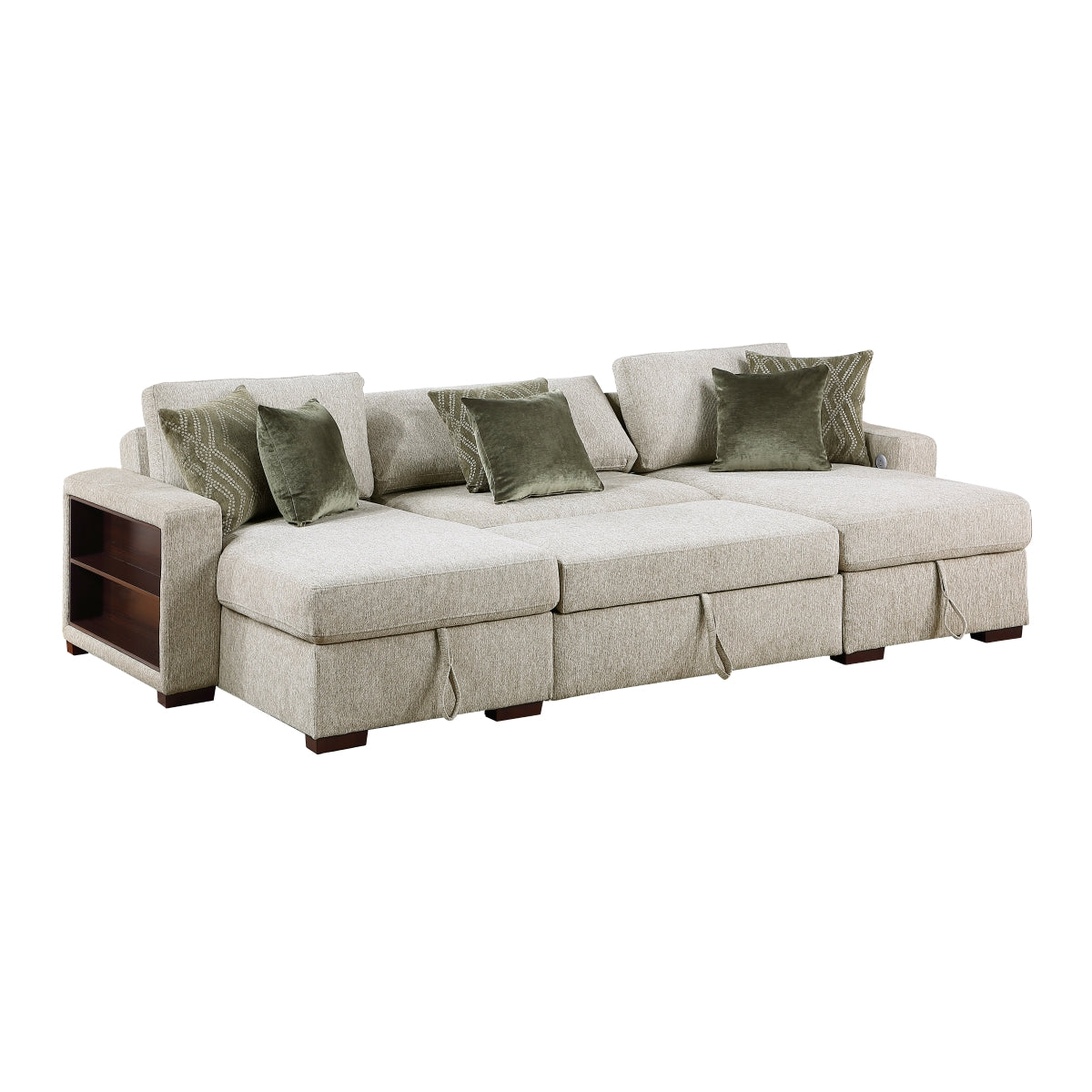 Isla 3-Piece Sectional with Two Reversible Chaises, Pull-out Bed, Hidden Storage, Click Motion Back and Two Arms with Shelves and Charging Ports