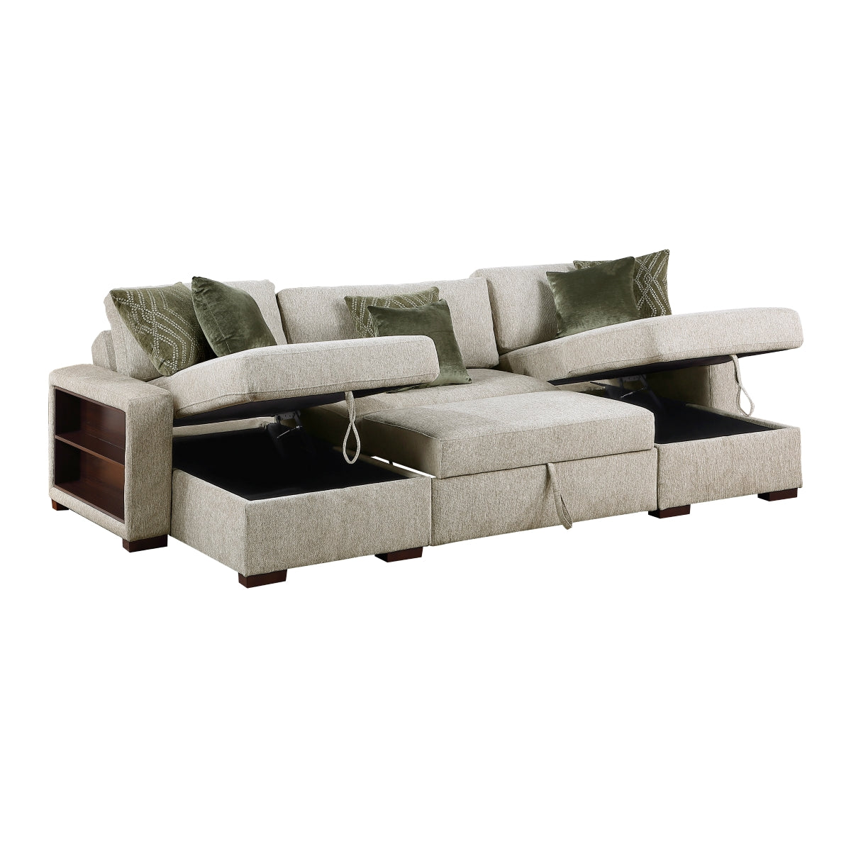 Isla 3-Piece Sectional with Two Reversible Chaises, Pull-out Bed, Hidden Storage, Click Motion Back and Two Arms with Shelves and Charging Ports