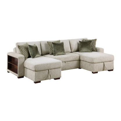 Isla 3-Piece Sectional with Two Reversible Chaises, Pull-out Bed, Hidden Storage, Click Motion Back and Two Arms with Shelves and Charging Ports