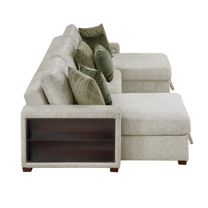 Isla 3-Piece Sectional with Two Reversible Chaises, Pull-out Bed, Hidden Storage, Click Motion Back and Two Arms with Shelves and Charging Ports