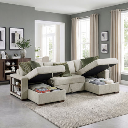 Isla 3-Piece Sectional with Two Reversible Chaises, Pull-out Bed, Hidden Storage, Click Motion Back and Two Arms with Shelves and Charging Ports