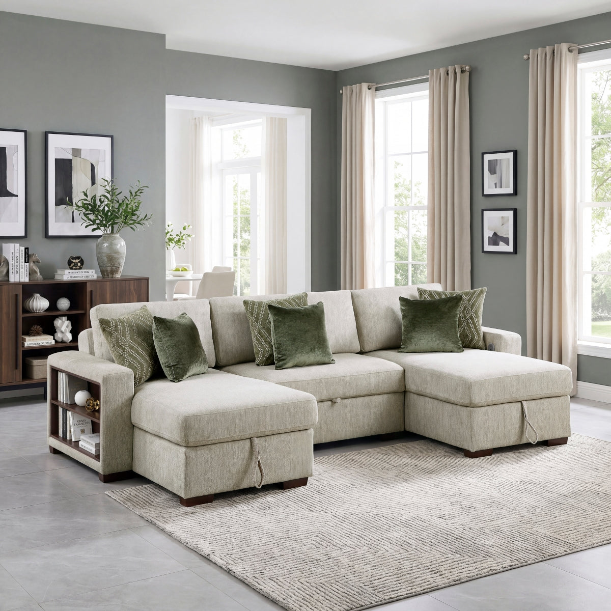 Isla 3-Piece Sectional with Two Reversible Chaises, Pull-out Bed, Hidden Storage, Click Motion Back and Two Arms with Shelves and Charging Ports