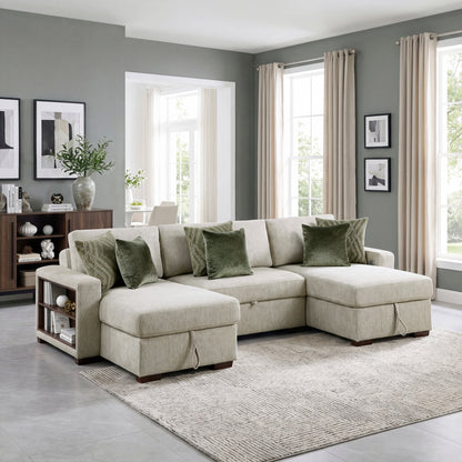Isla 3-Piece Sectional with Two Reversible Chaises, Pull-out Bed, Hidden Storage, Click Motion Back and Two Arms with Shelves and Charging Ports