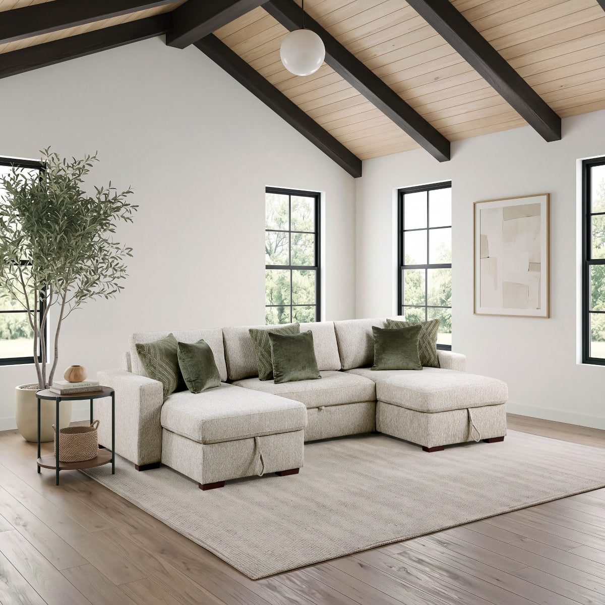 Isla 3-Piece Sectional with Two Reversible Chaises, Pull-out Bed, Hidden Storage, Click Motion Back and Two Track Arms