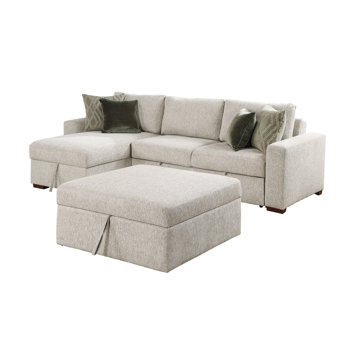 Isla 3-Piece Sectional with Reversible Chaise, Pull-out Bed, Hidden Storage and Ottoman, Click Motion Back