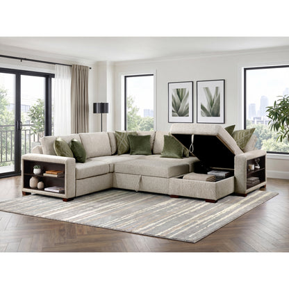 Isla 4-Piece Sectional with Reversible Chaise, Pull-out Bed, Hidden Storage and Click Motion Back