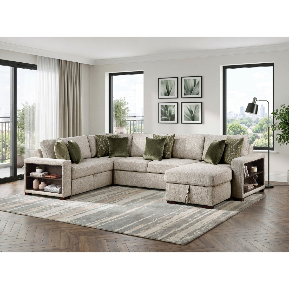 Isla 4-Piece Sectional with Reversible Chaise, Pull-out Bed, Hidden Storage and Click Motion Back