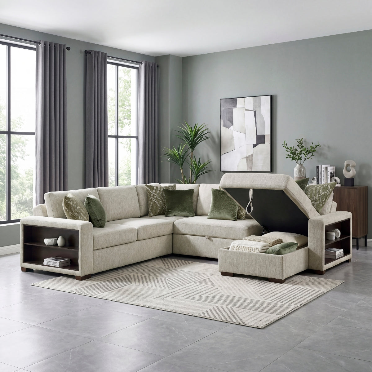 Isla 4-Piece Sectional with Reversible Chaise, Pull-out Bed, Hidden Storage and Click Motion Back