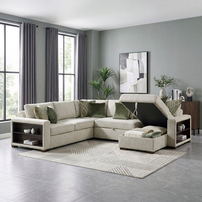 Isla 4-Piece Sectional with Reversible Chaise, Pull-out Bed, Hidden Storage and Click Motion Back