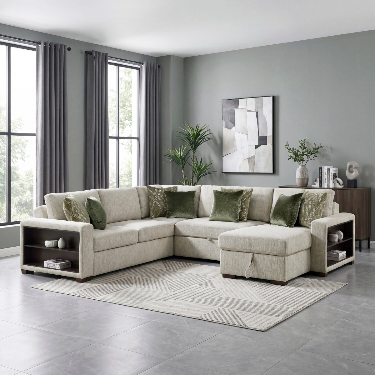 Isla 4-Piece Sectional with Reversible Chaise, Pull-out Bed, Hidden Storage and Click Motion Back