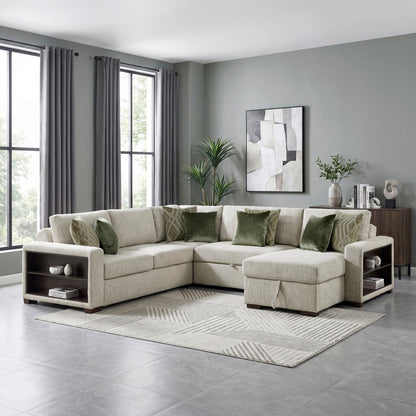 Isla 4-Piece Sectional with Reversible Chaise, Pull-out Bed, Hidden Storage and Click Motion Back