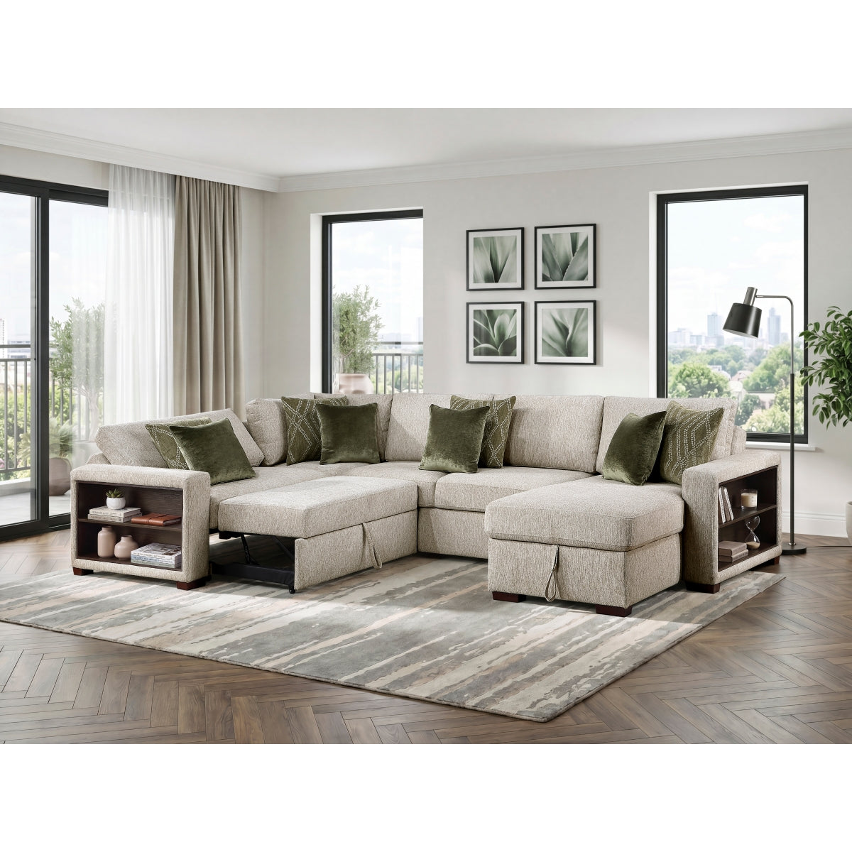 Isla 4-Piece Sectional with Reversible Chaise, Pull-out Bed, Hidden Storage and Click Motion Back
