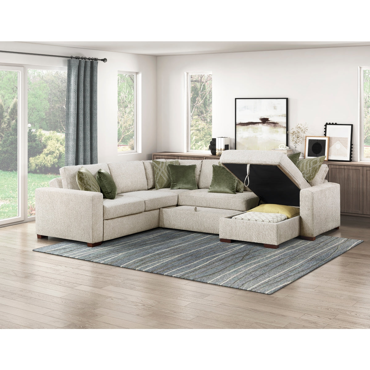 Isla 4-Piece Sectional with Reversible Chaise, Pull-out Bed, Hidden Storage and Click Motion Back