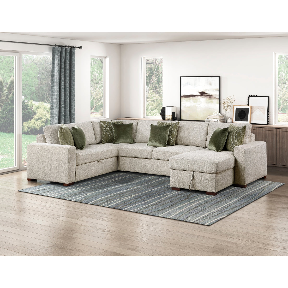 Isla 4-Piece Sectional with Reversible Chaise, Pull-out Bed, Hidden Storage and Click Motion Back