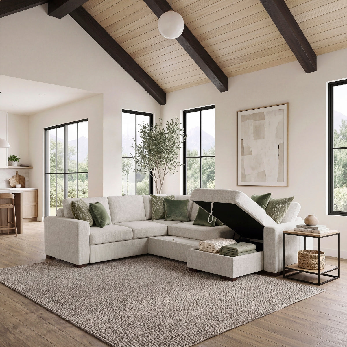 Isla 4-Piece Sectional with Reversible Chaise, Pull-out Bed, Hidden Storage and Click Motion Back
