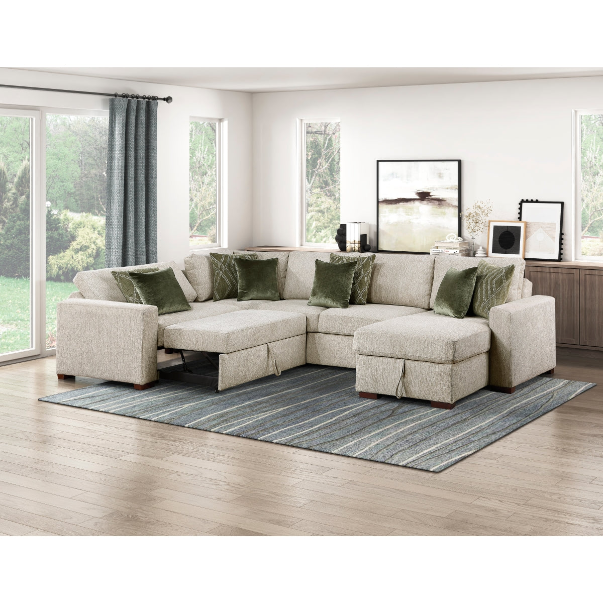 Isla 4-Piece Sectional with Reversible Chaise, Pull-out Bed, Hidden Storage and Click Motion Back