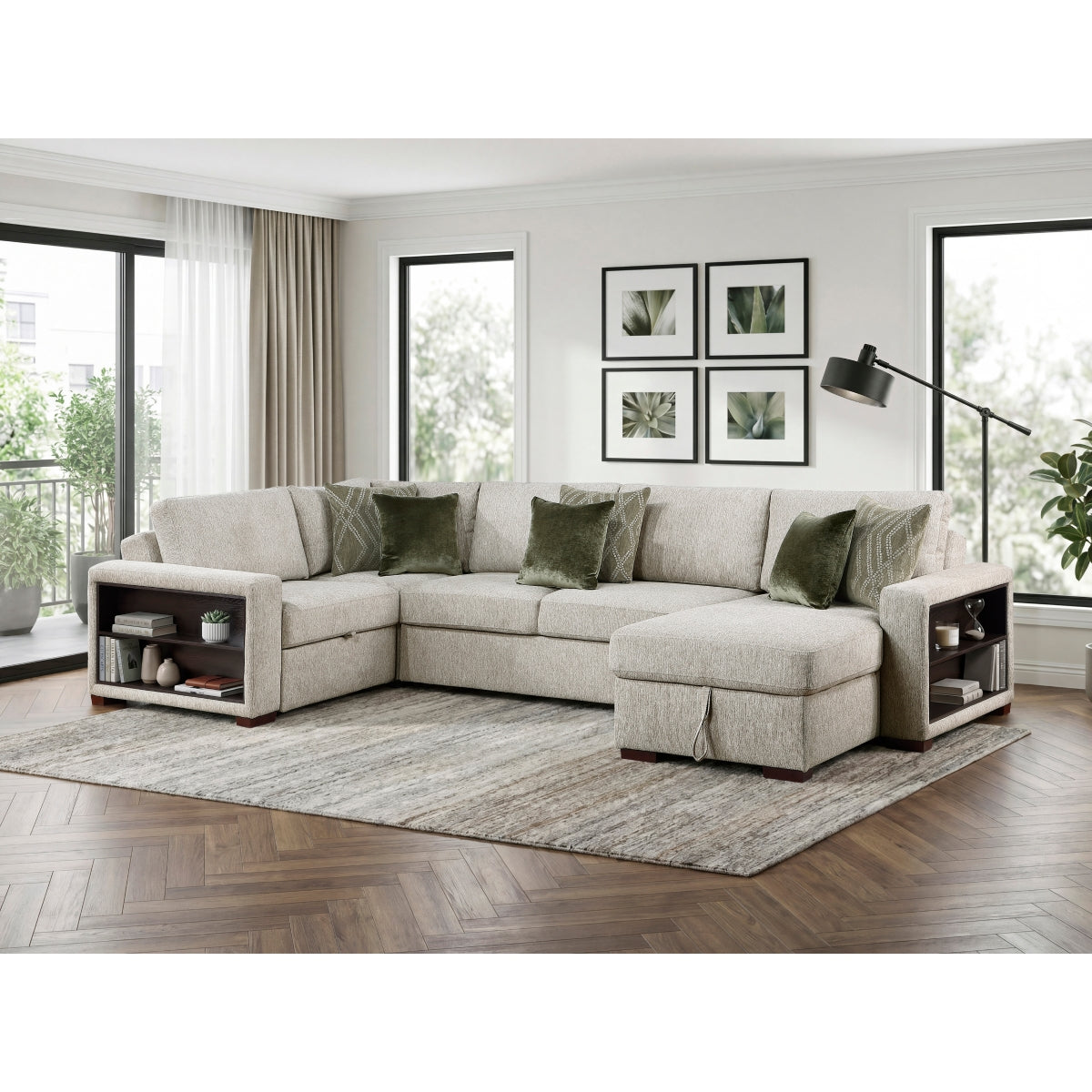 Isla 4-Piece Sectional with Reversible Chaise, Pull-out Bed, Hidden Storage and Click Motion Back