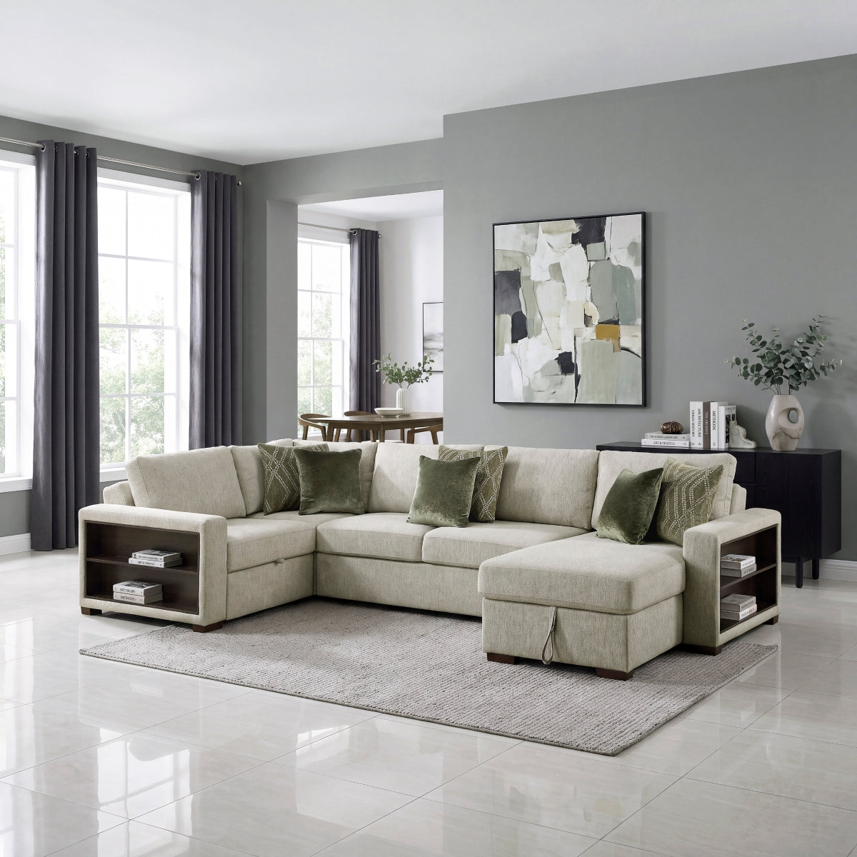 Isla 4-Piece Sectional with Reversible Chaise, Pull-out Bed, Hidden Storage and Click Motion Back