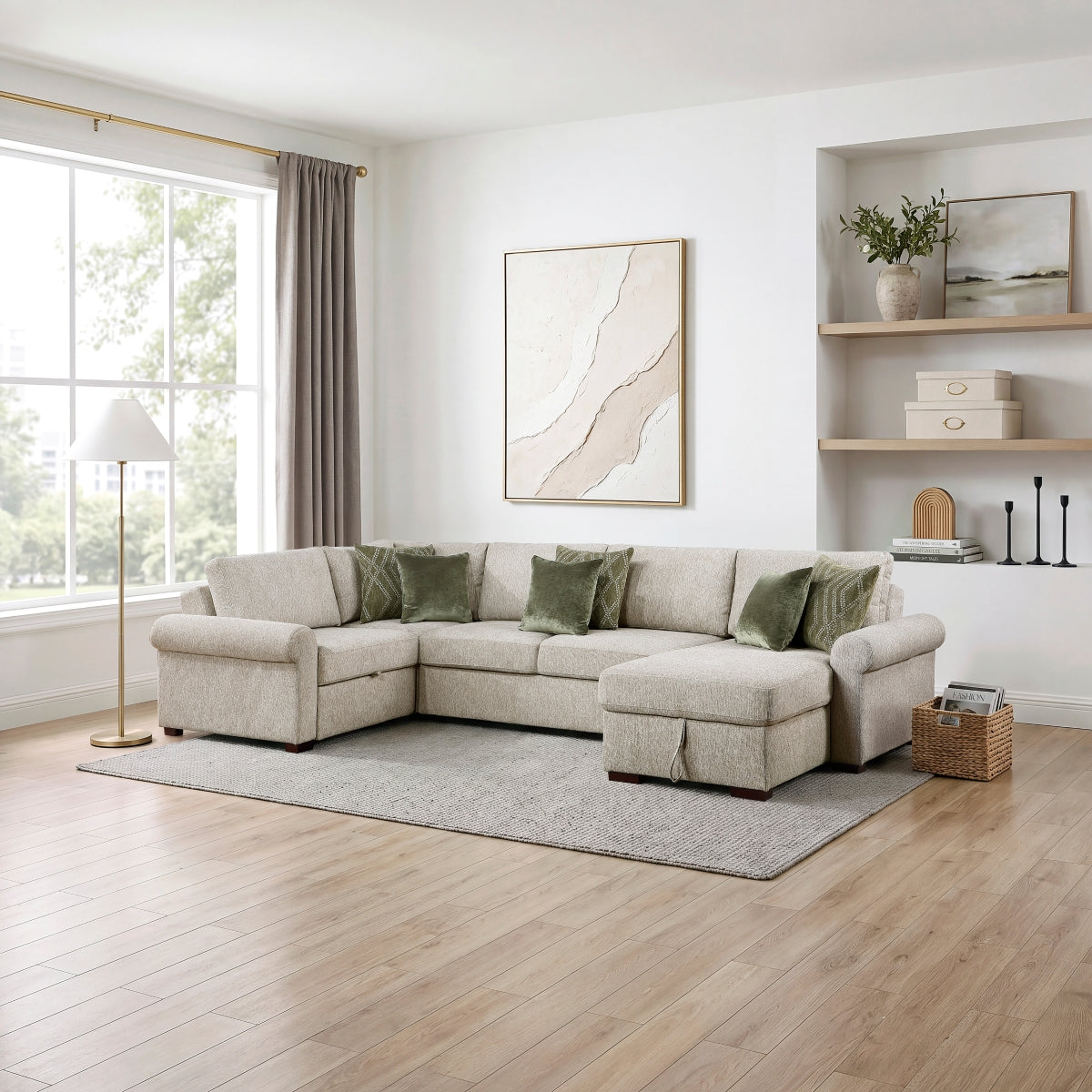 Isla 4-Piece Sectional with Reversible Chaise, Pull-out Bed, Hidden Storage and Click Motion Back