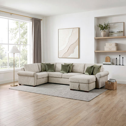 Isla 4-Piece Sectional with Reversible Chaise, Pull-out Bed, Hidden Storage and Click Motion Back