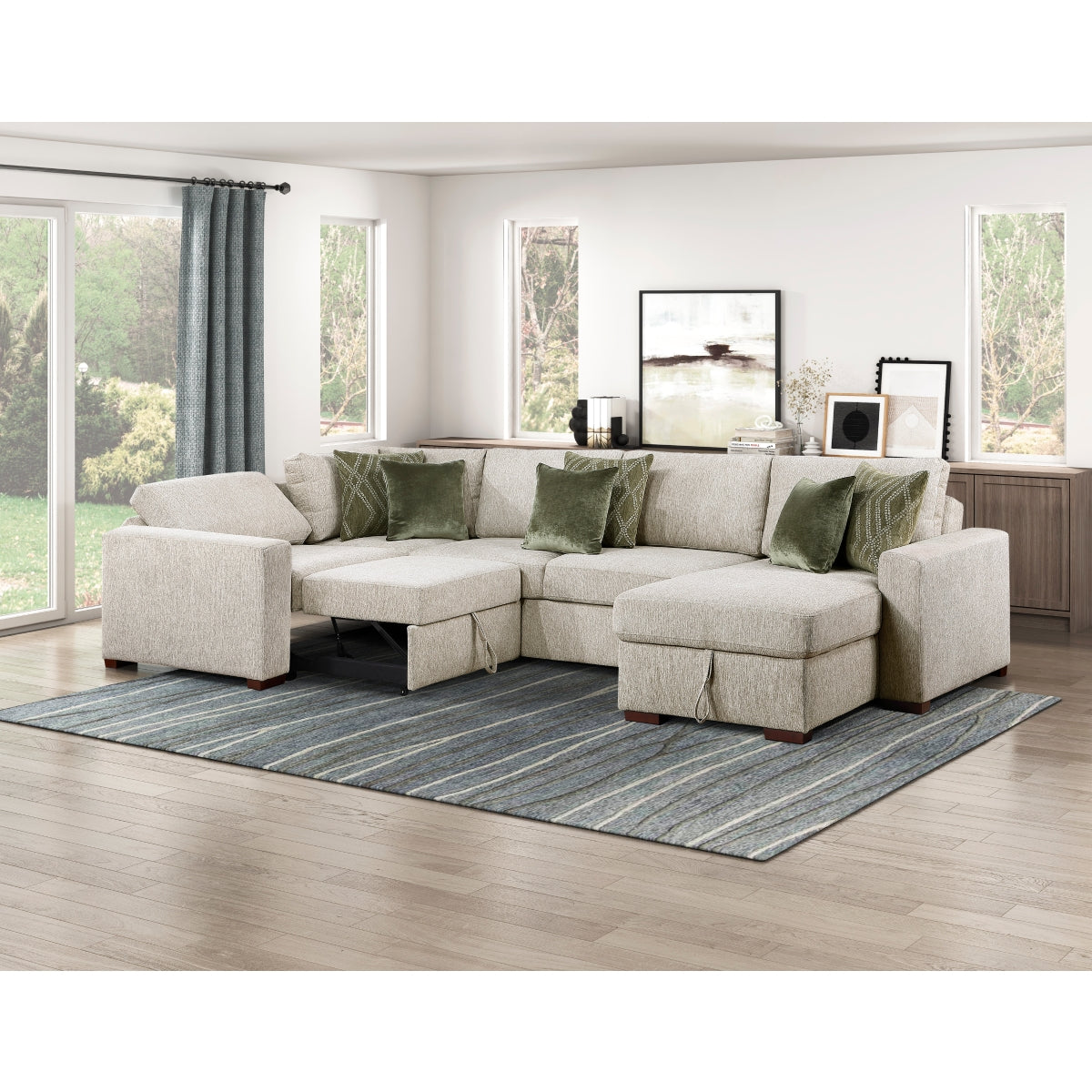 Isla 4-Piece Sectional with Reversible Chaise, Pull-out Bed, Hidden Storage and Click Motion Back