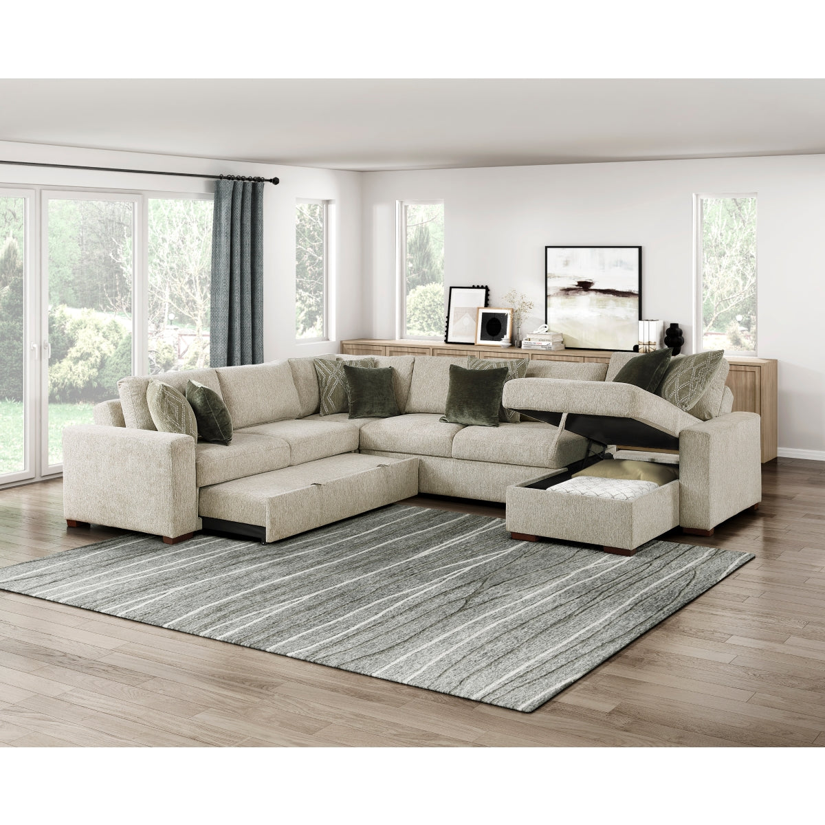 Isla 4-Piece Sectional with Reversible Chaise, Pull-out Bed and Hidden Storage