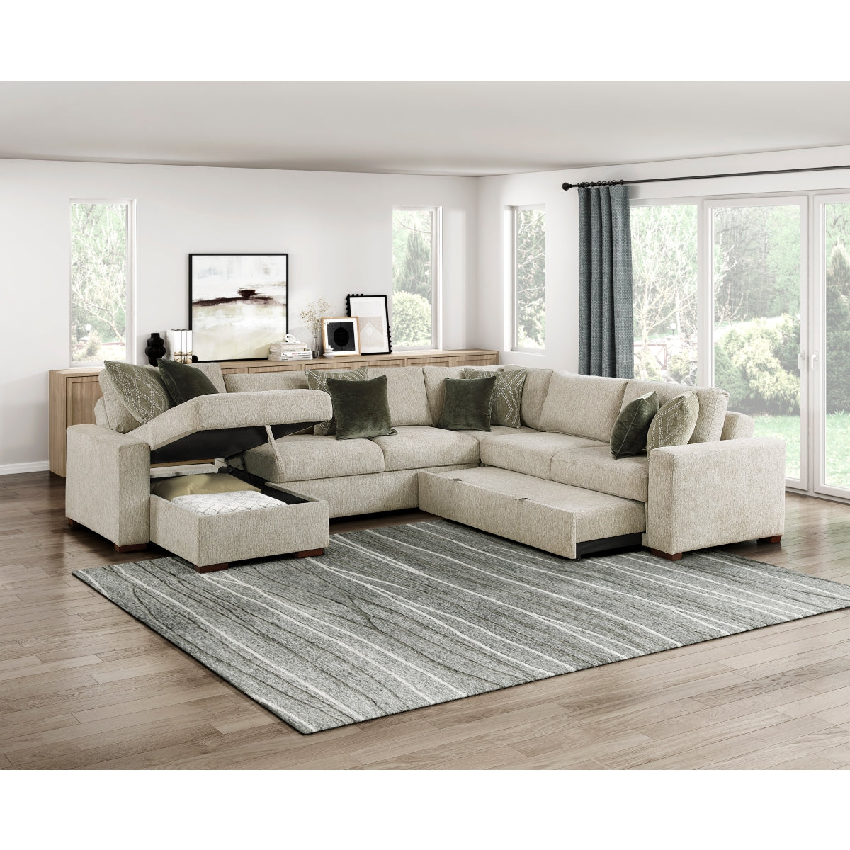 Isla 4-Piece Sectional with Reversible Chaise, Pull-out Bed and Hidden Storage