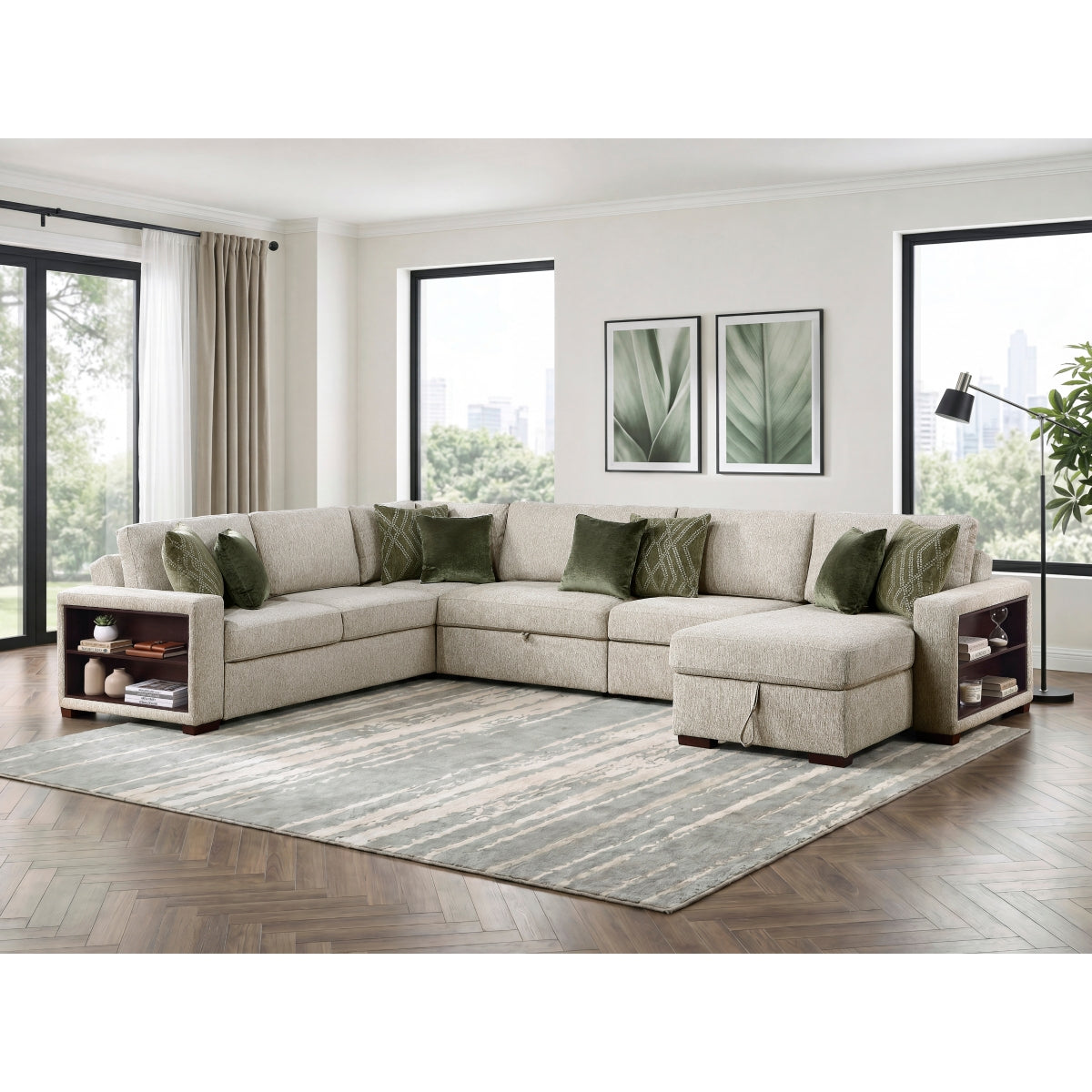 Isla 5-Piece Sectional with Reversible Chaise, Pull-out Bed, Hidden Storage and Click Motion Back