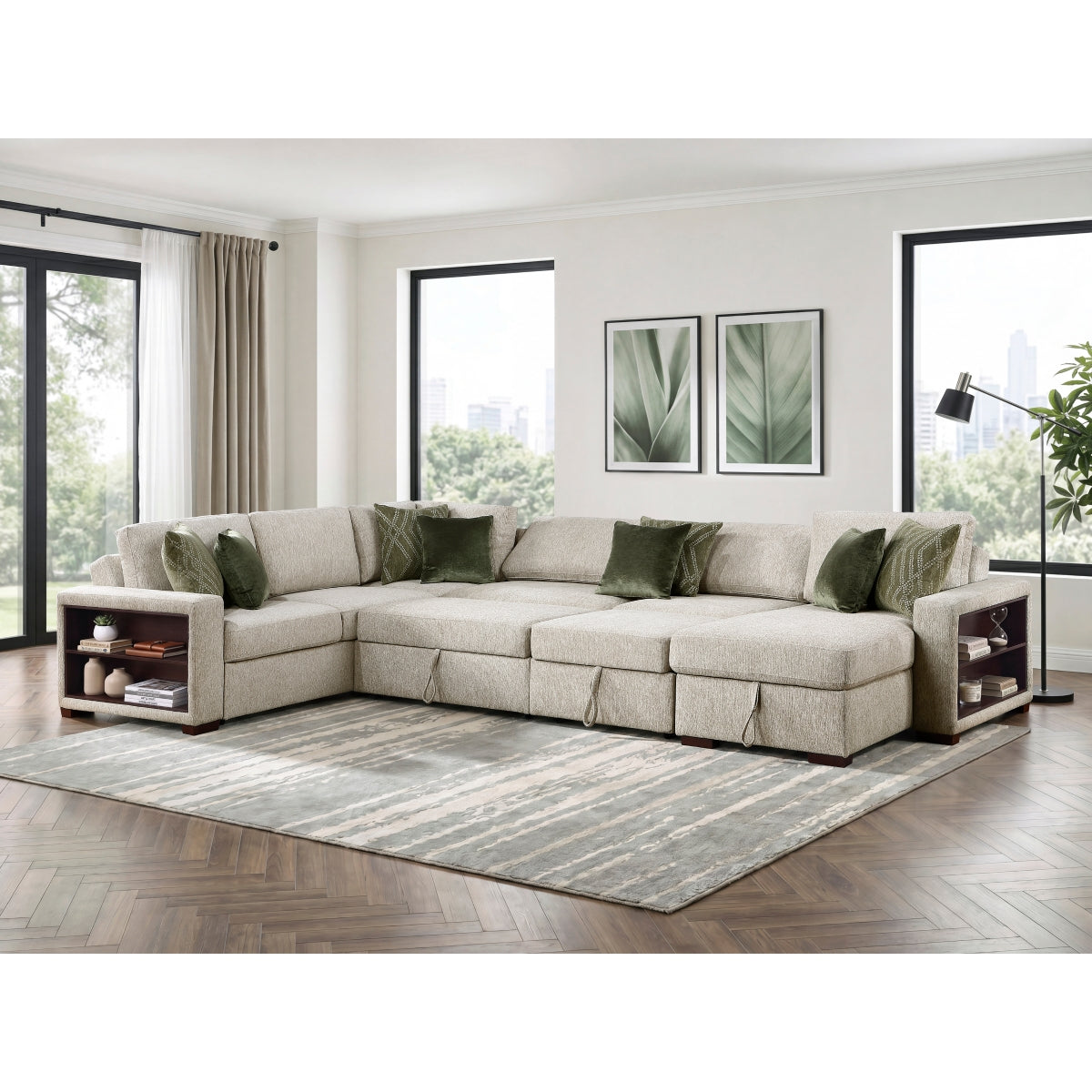 Isla 5-Piece Sectional with Reversible Chaise, Pull-out Bed, Hidden Storage and Click Motion Back