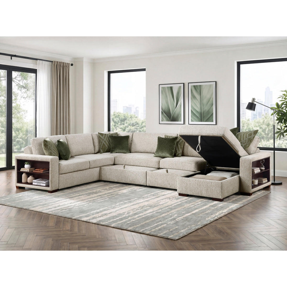 Isla 5-Piece Sectional with Reversible Chaise, Pull-out Bed, Hidden Storage and Click Motion Back