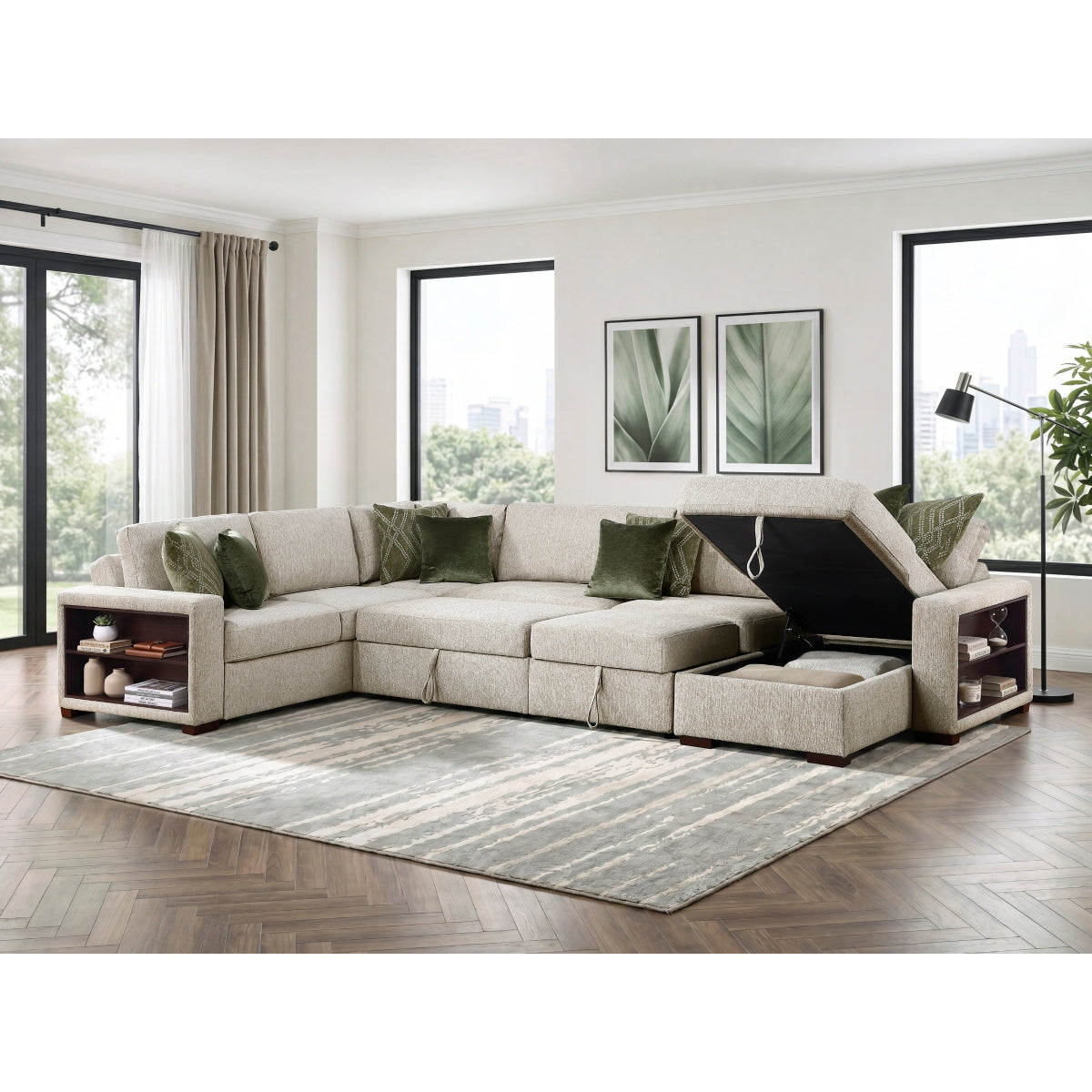 Isla 5-Piece Sectional with Reversible Chaise, Pull-out Bed, Hidden Storage and Click Motion Back