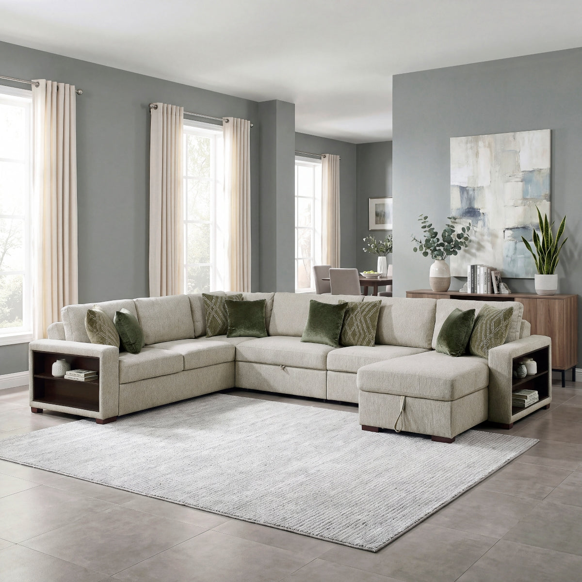 Isla 5-Piece Sectional with Reversible Chaise, Pull-out Bed, Hidden Storage and Click Motion Back