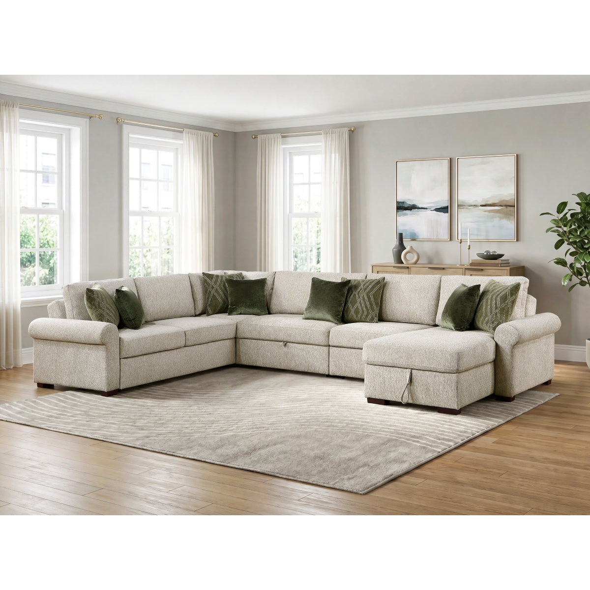 Isla 5-Piece Sectional with Reversible Chaise, Pull-out Bed, Hidden Storage and Click Motion Back