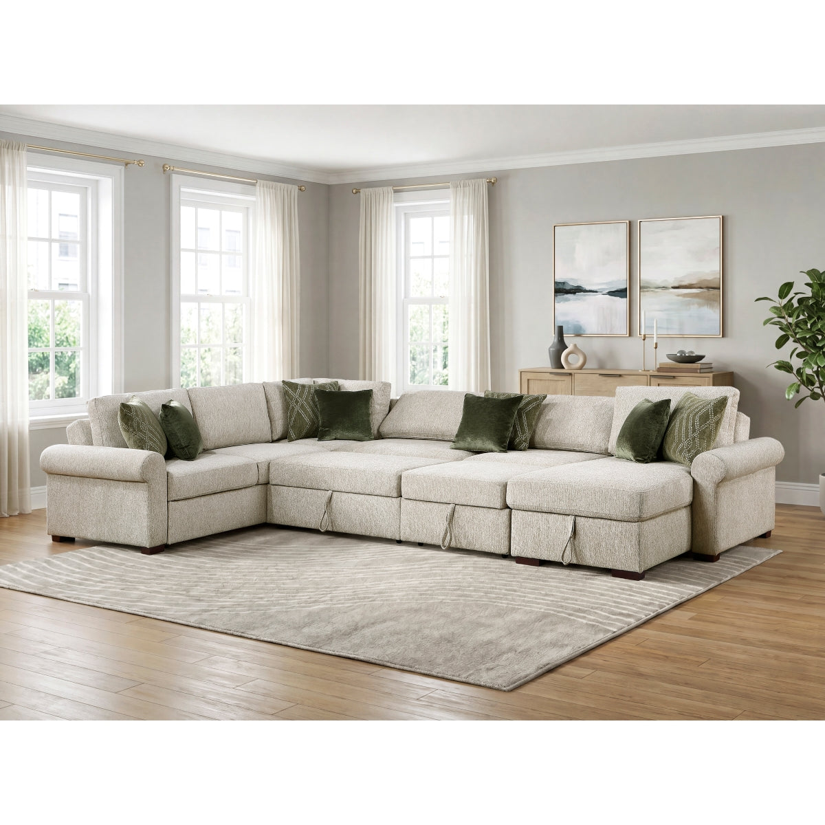 Isla 5-Piece Sectional with Reversible Chaise, Pull-out Bed, Hidden Storage and Click Motion Back