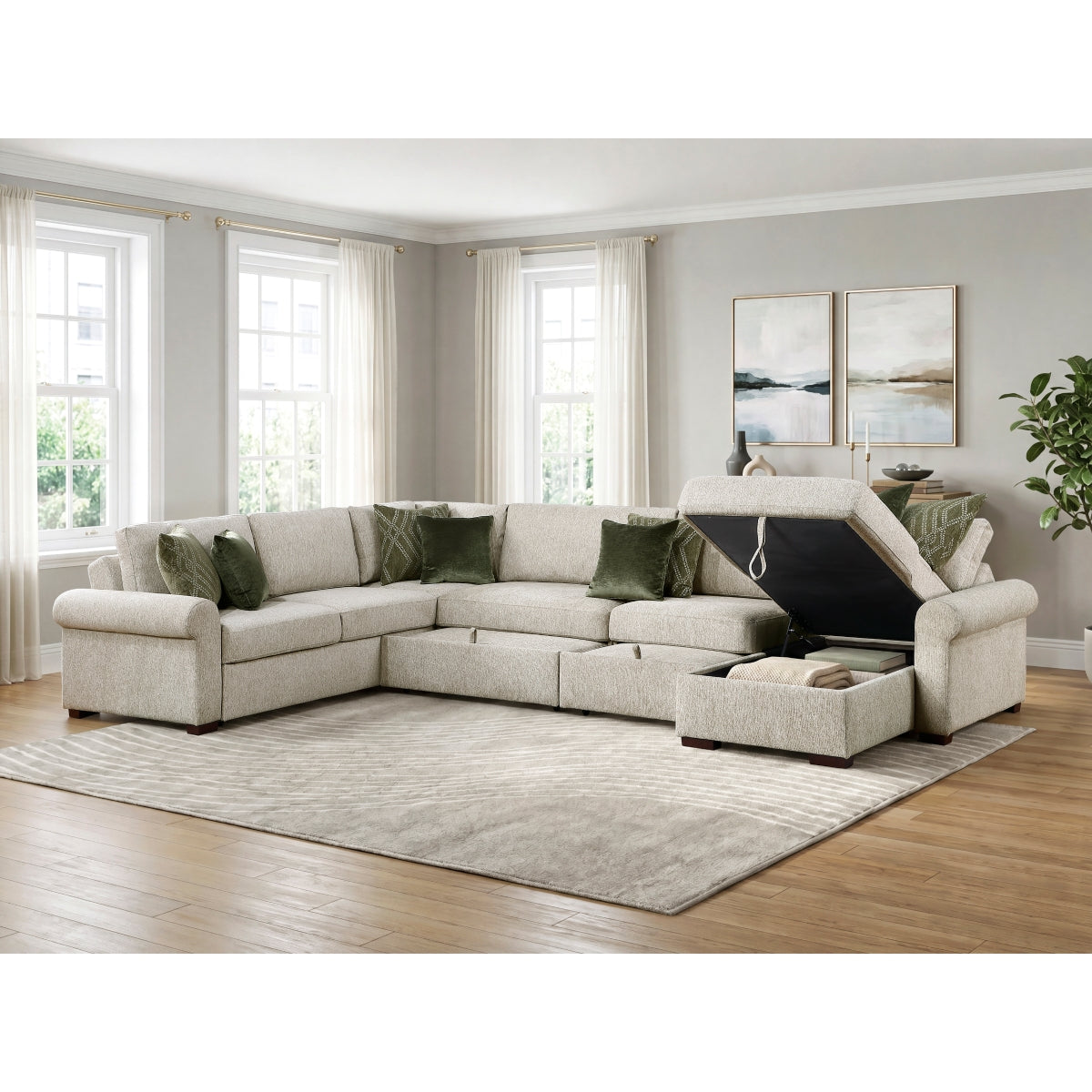 Isla 5-Piece Sectional with Reversible Chaise, Pull-out Bed, Hidden Storage and Click Motion Back