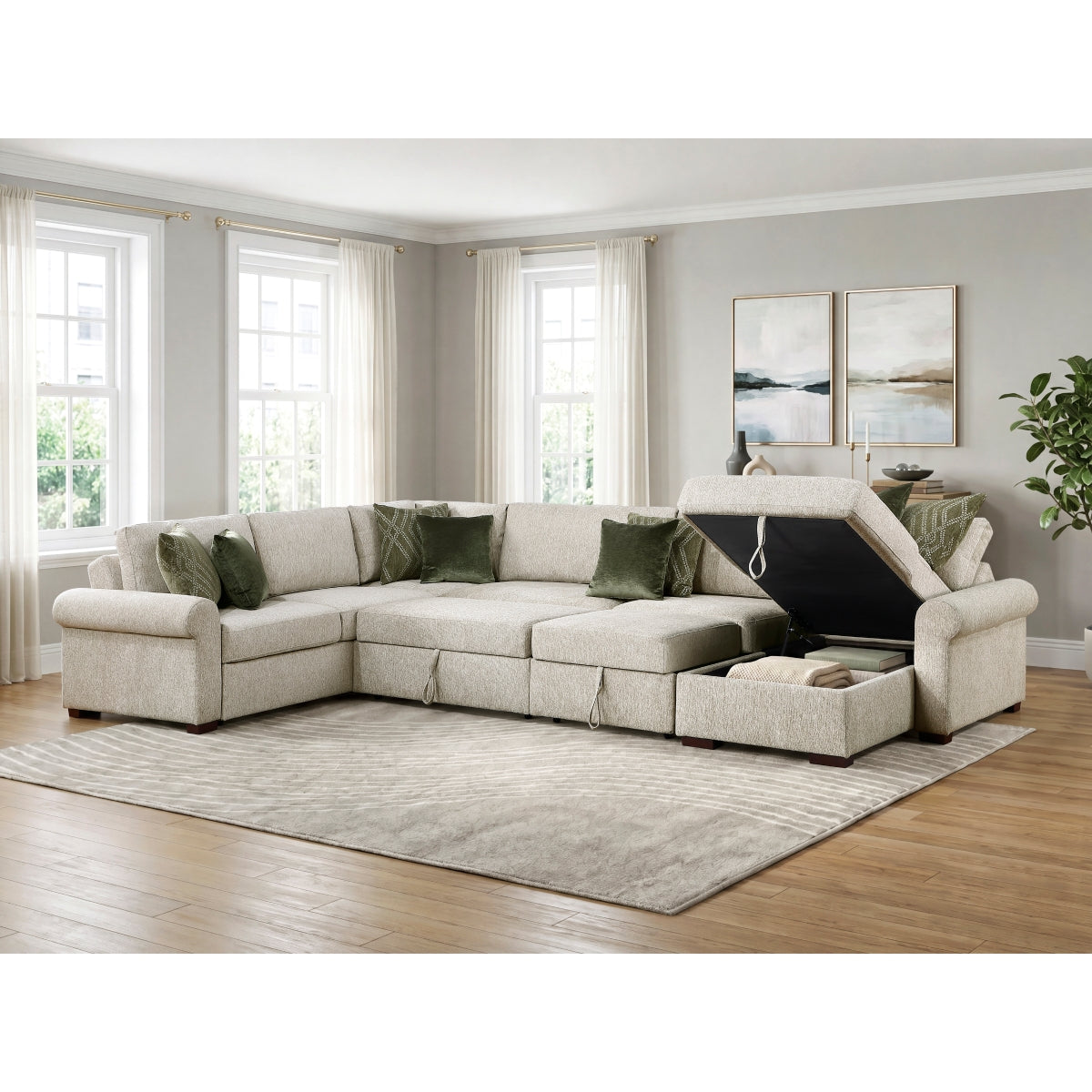 Isla 5-Piece Sectional with Reversible Chaise, Pull-out Bed, Hidden Storage and Click Motion Back