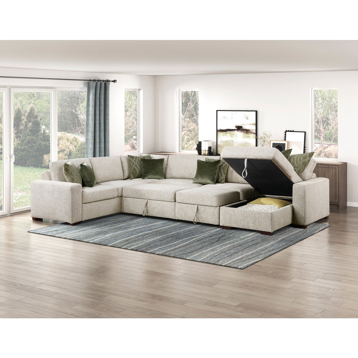 Isla 5-Piece Sectional with Reversible Chaise, Pull-out Bed, Hidden Storage and Click Motion Back