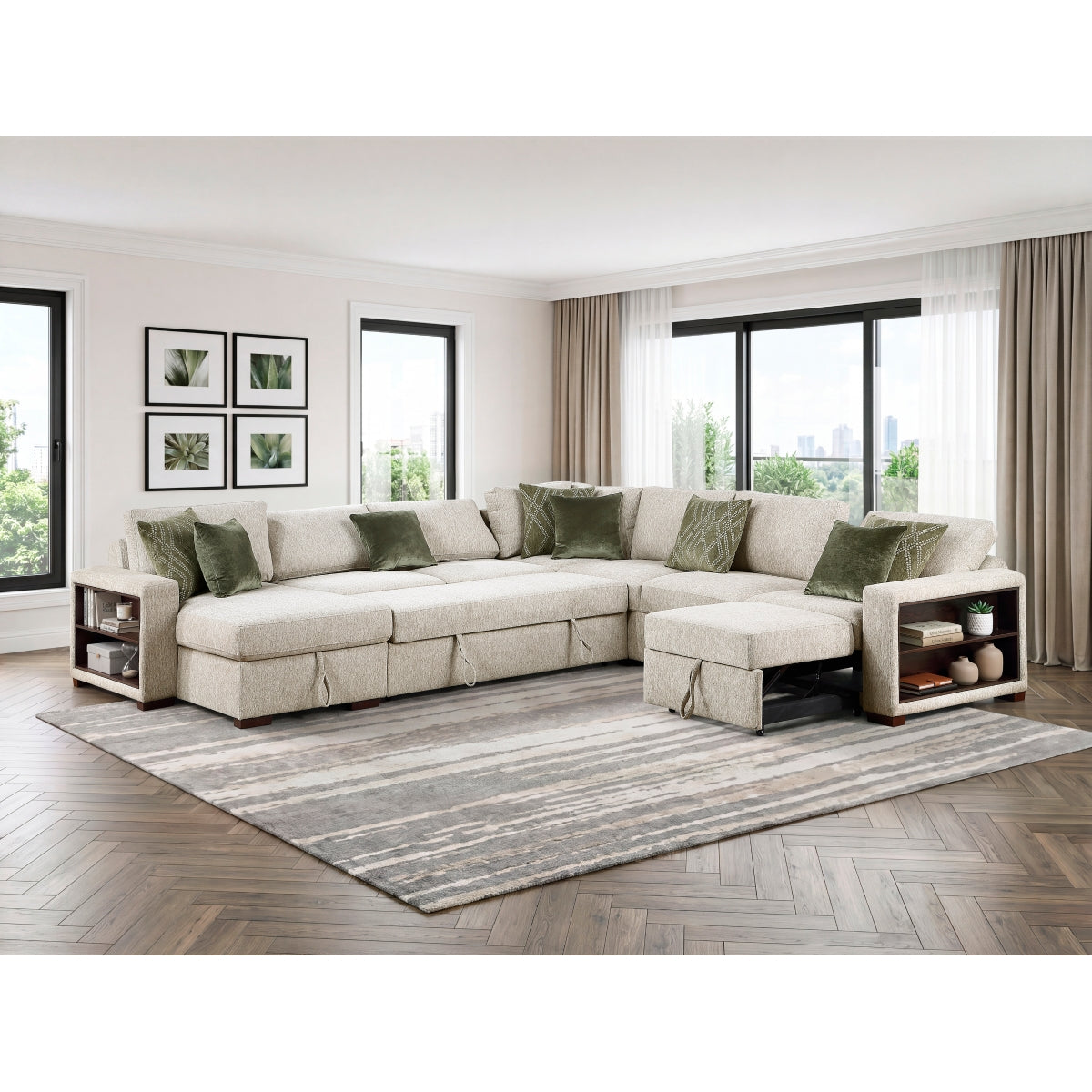 Isla 5-Piece Sectional with Reversible Chaise, Pull-out Bed, Hidden Storage and Click Motion Back