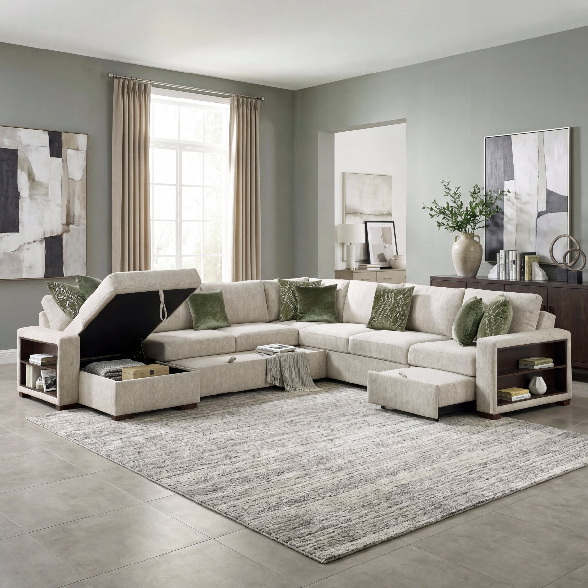 Isla 5-Piece Sectional with Reversible Chaise, Pull-out Bed, Hidden Storage and Click Motion Back