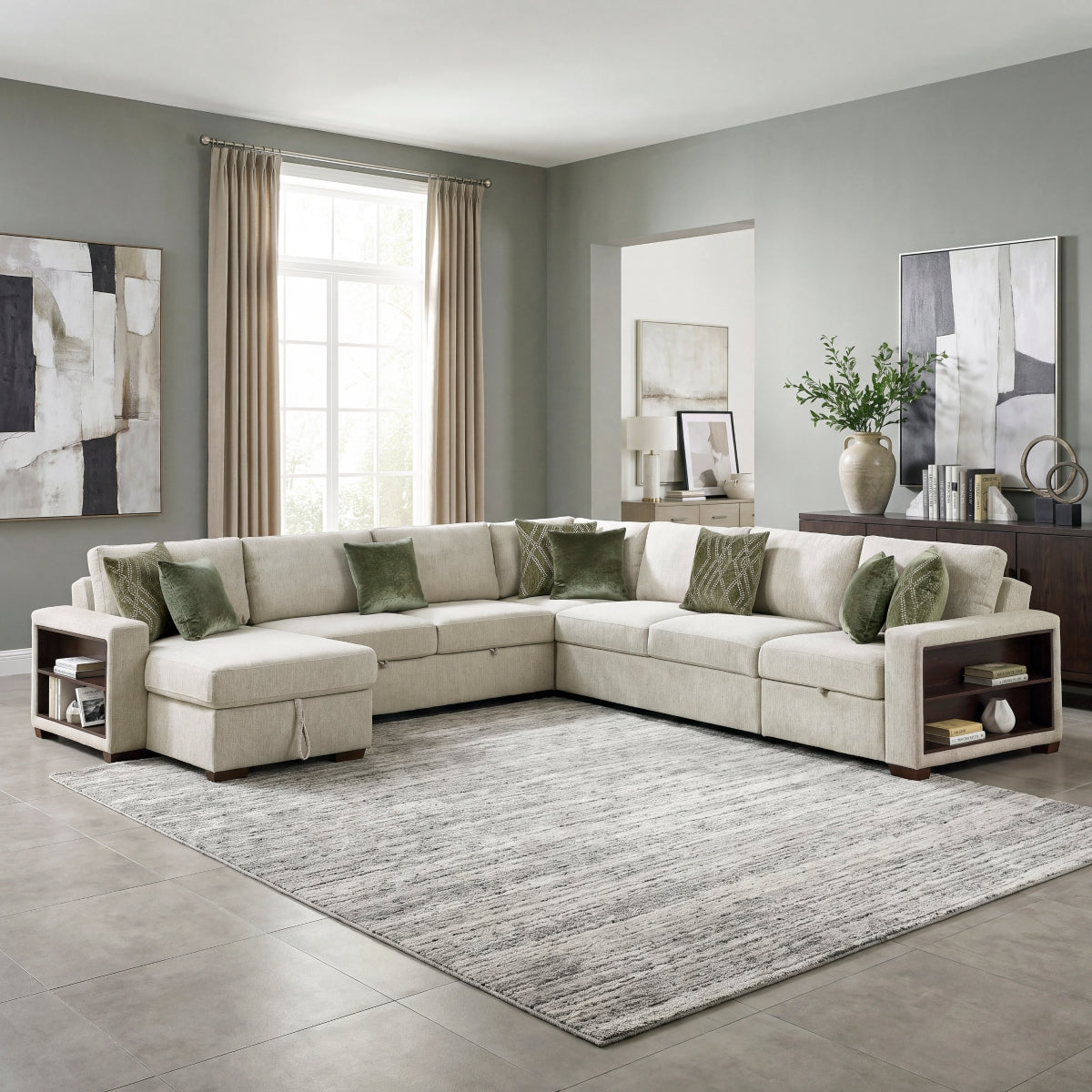 Isla 5-Piece Sectional with Reversible Chaise, Pull-out Bed, Hidden Storage and Click Motion Back
