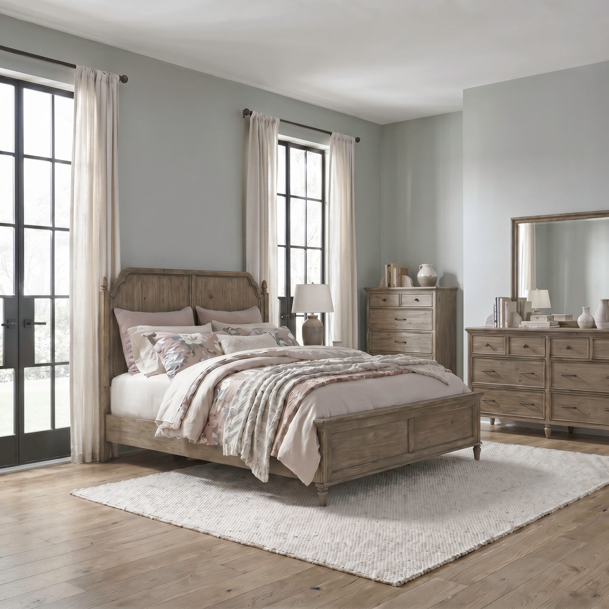 Hickory Grove Queen Panel Bed, Dresser & Mirror, Chest