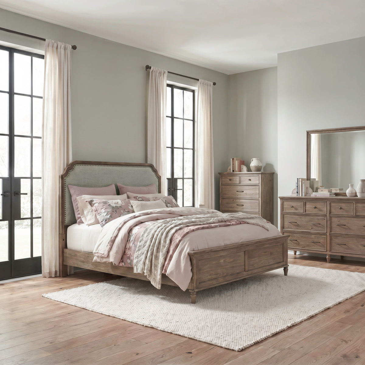 Hickory Grove Queen Uph Bed, Dresser & Mirror, Chest