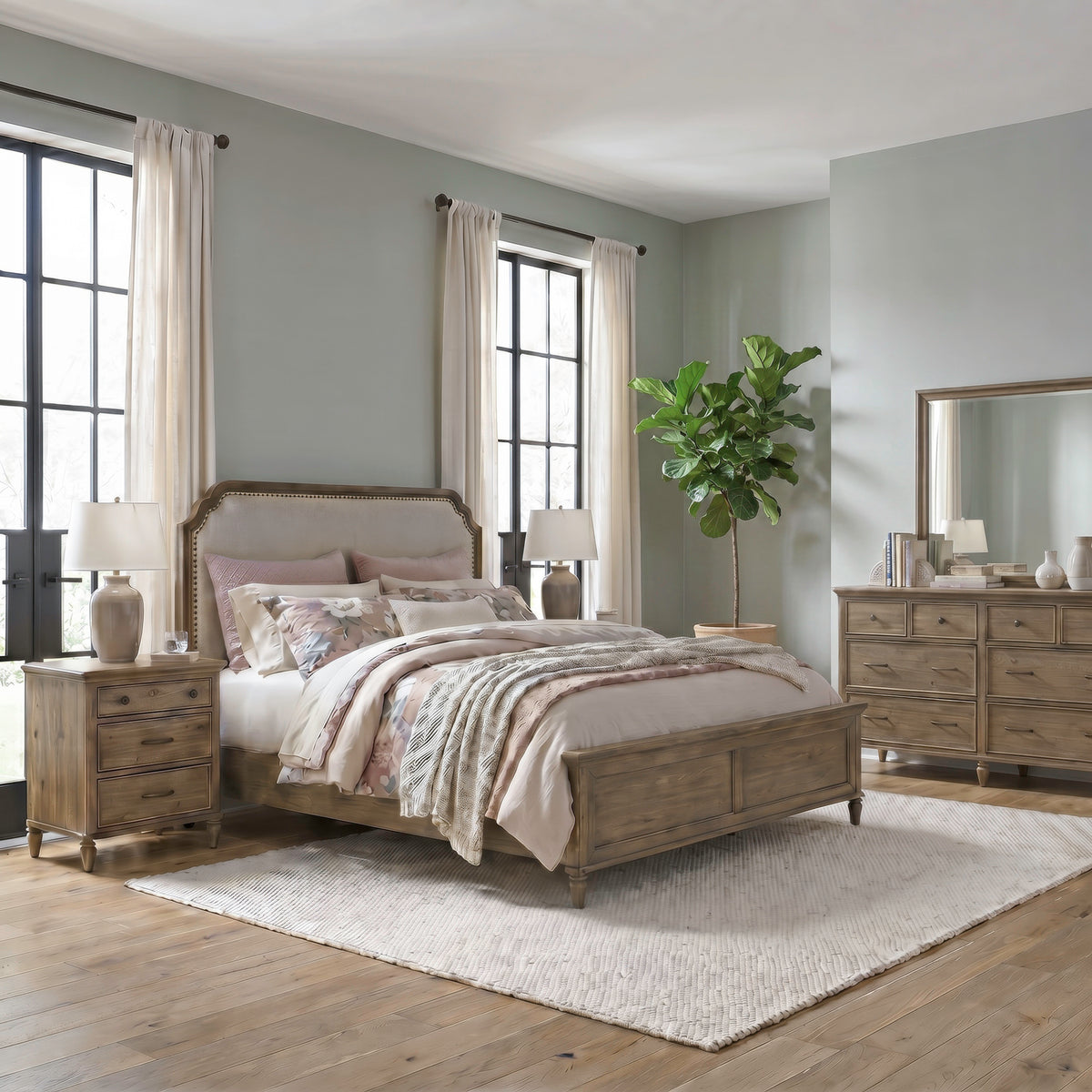 Hickory Grove Queen Uph Bed, Dresser & Mirror, Night Stand