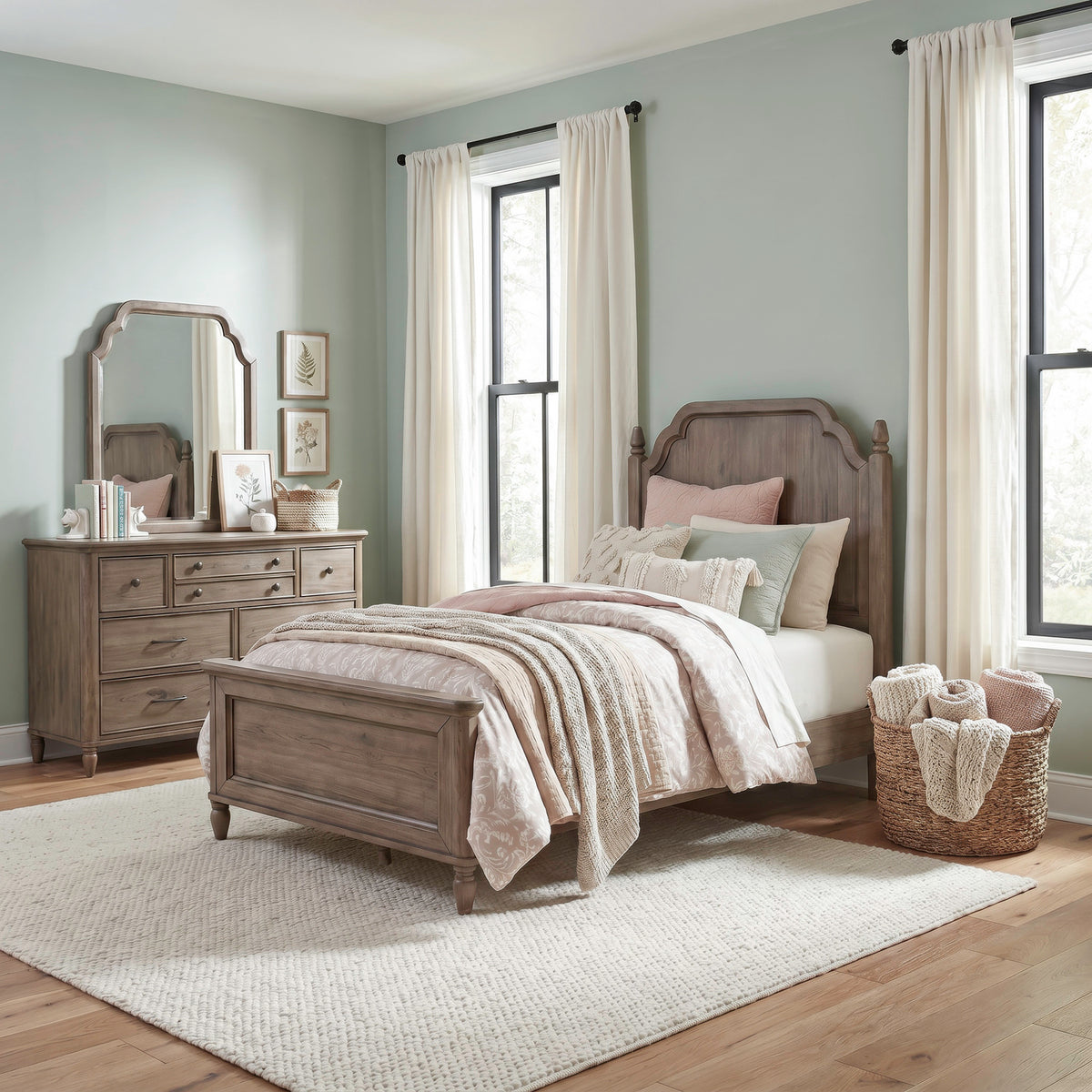 Hickory Grove Twin Panel Bed, Dresser & Mirror
