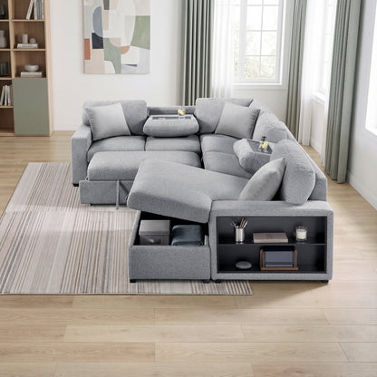 Pompano Sectional with Right Chaise, Pull-out Bed, Hidden Storages and Shelves, Charging Ports