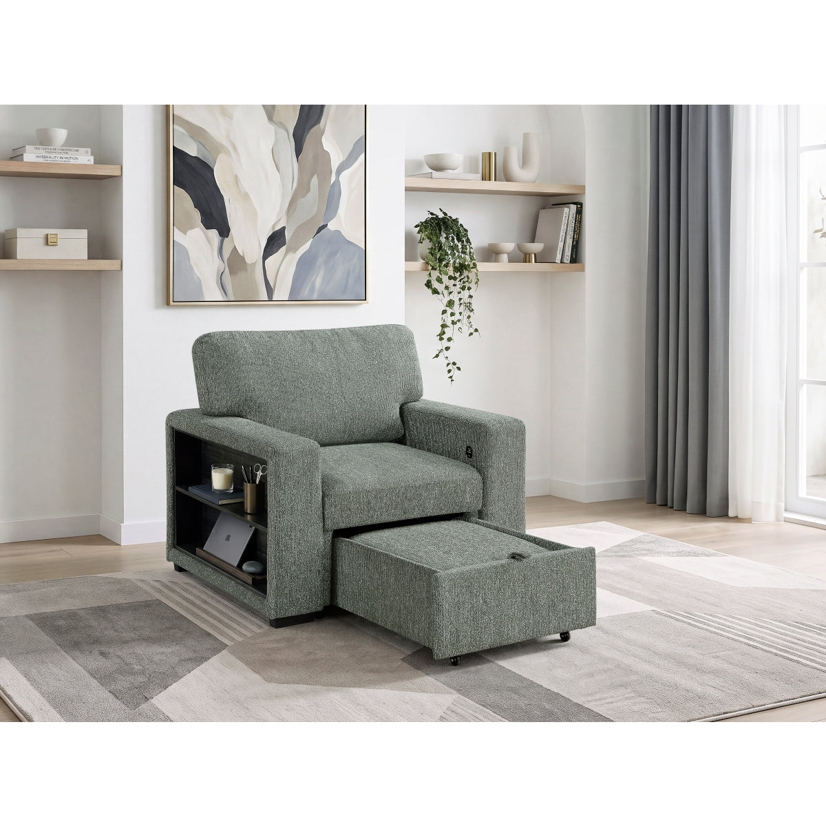 Alcove Chair with Pull-out Ottoman, Arms with Shelves and Charging Ports