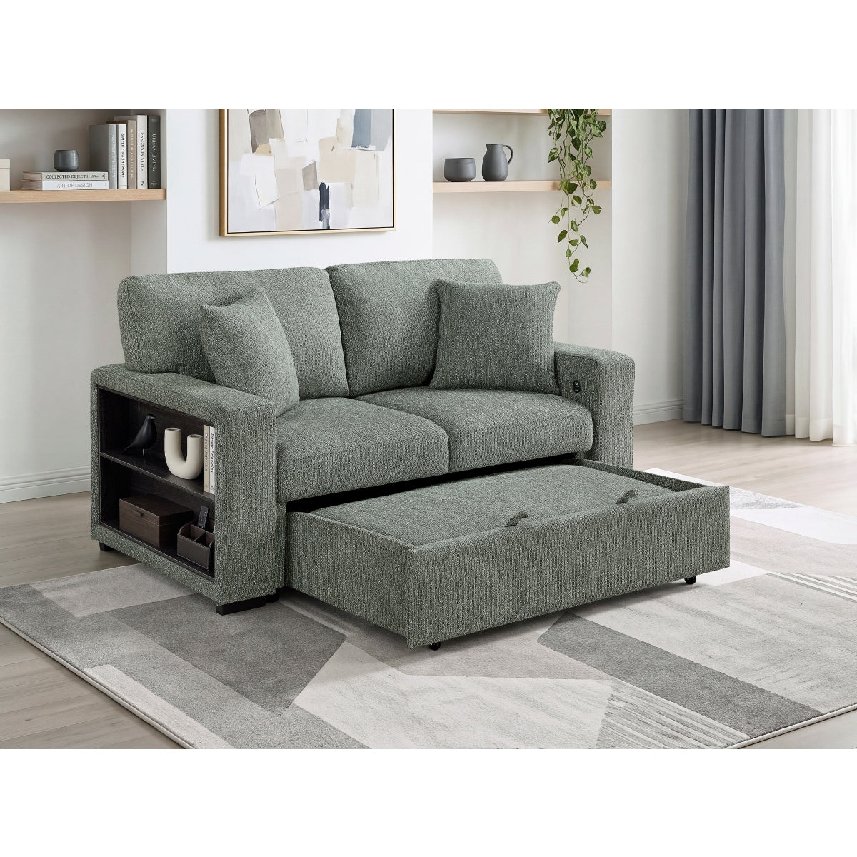 Alcove Love Seat with Pull-out Bed, Arms with Shelves and Charging Ports