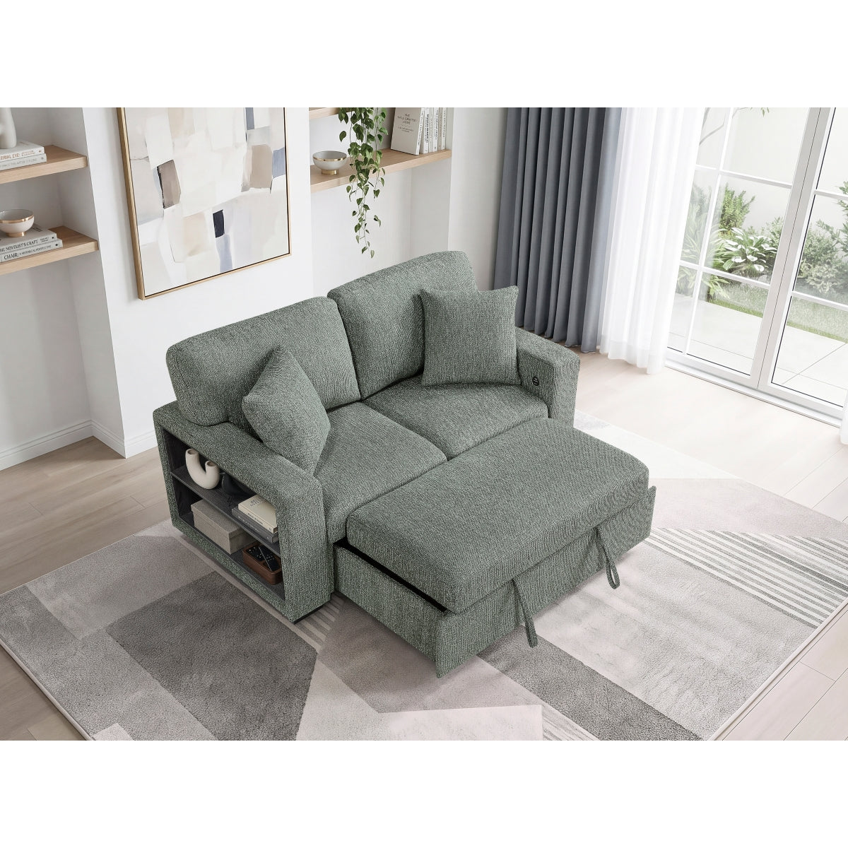 Alcove Love Seat with Pull-out Bed, Arms with Shelves and Charging Ports