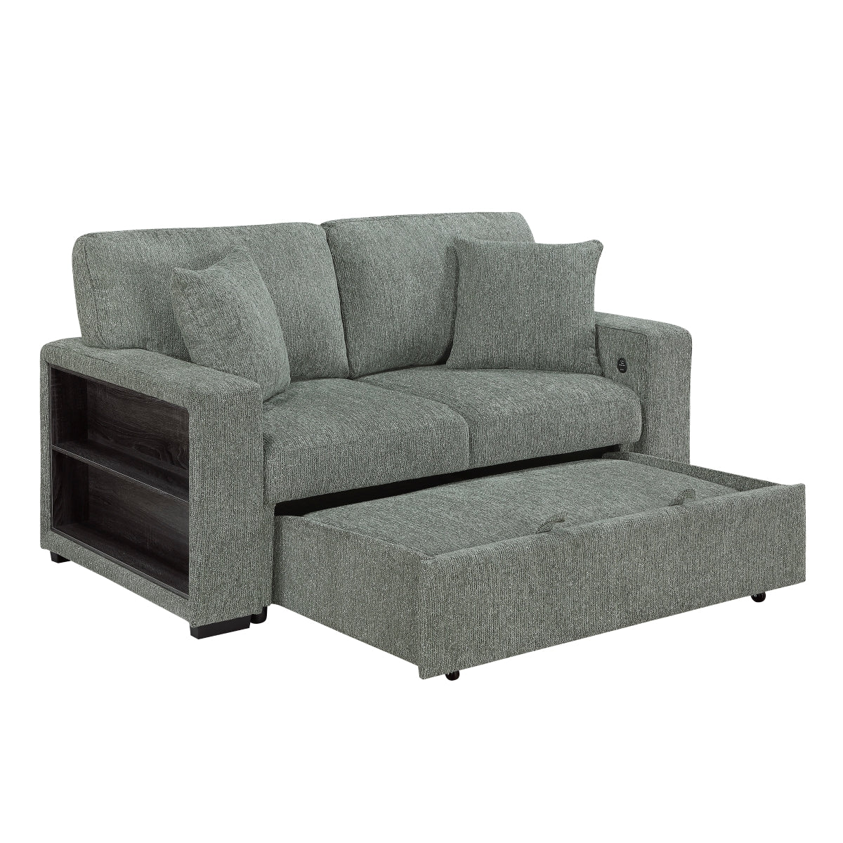 Alcove Love Seat with Pull-out Bed, Arms with Shelves and Charging Ports