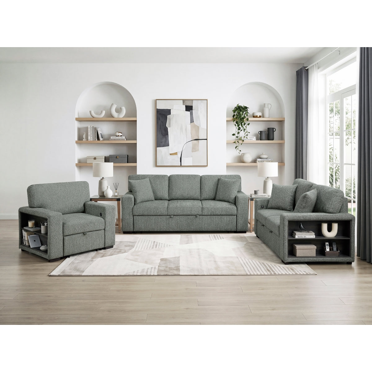 Alcove Love Seat with Pull-out Bed, Arms with Shelves and Charging Ports